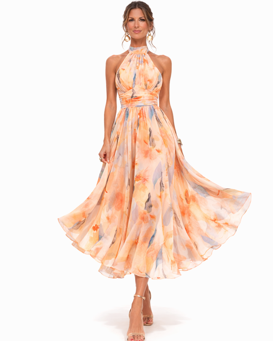 AURA | Vestido con cuello americano y estampado de acuarela