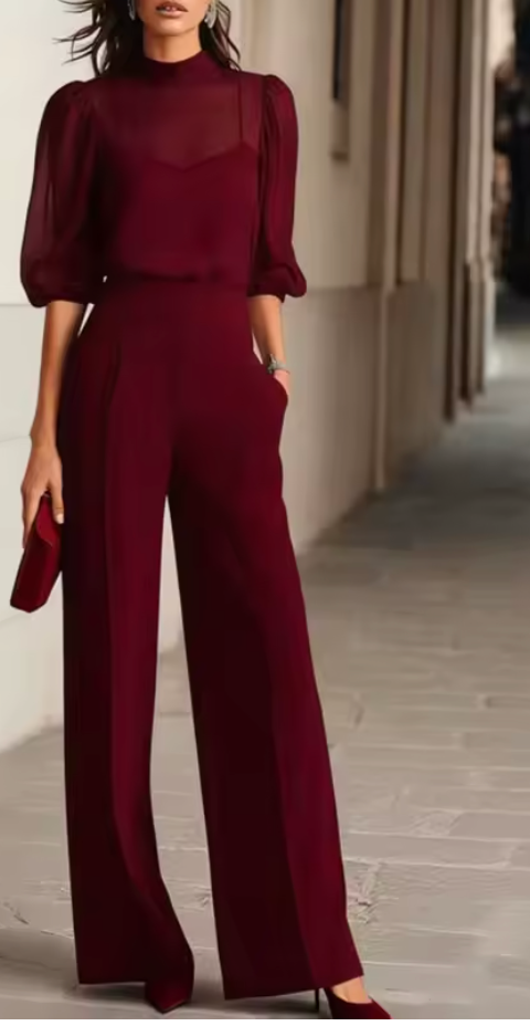 Inés™ | Conjunto de gasa con cuello alto y pantalón palazzo