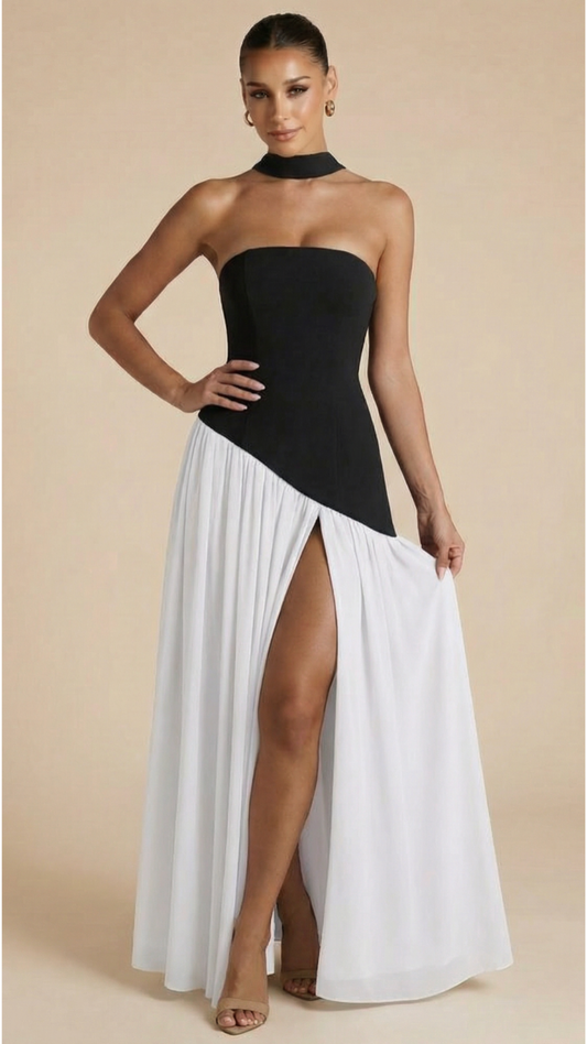 Raya™ | Vestido Maxi Bicolor sin Tirantes con Pañuelo
