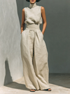 Aurora | Conjunto de dos piezas beige en algodón-lino, con pantalón de pierna ancha